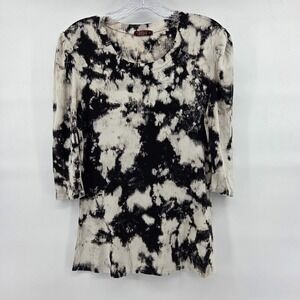 T-Party Ribbed‎ Tie Dye Top L Black White 3/4 Sleeve Grunge Boho Eclectic Indie